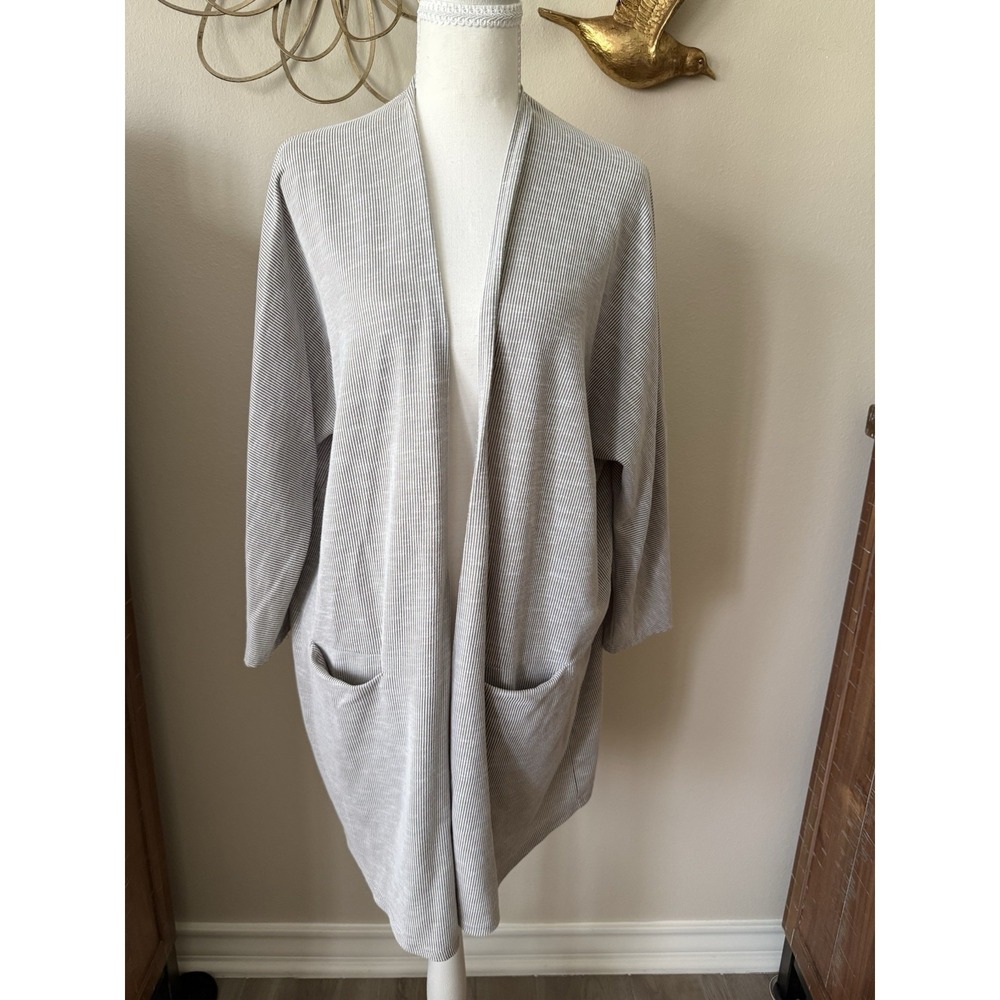 DONNI Striped Open Front Cardigan Women's M Gray Cotton Blend Pockets Oversized